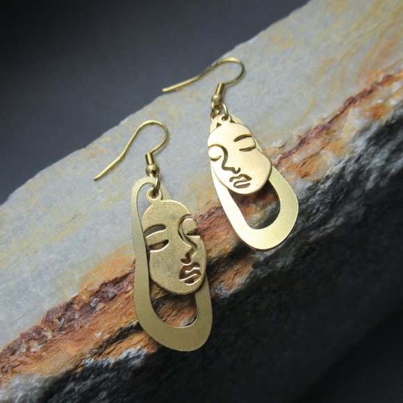 Dreaming Face Earrings, Abstract Halo Golden Brass - Picture 1 of 5